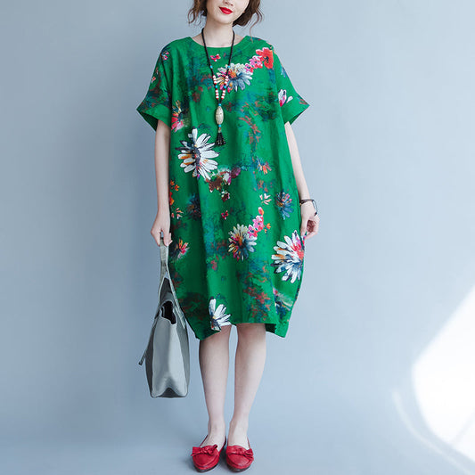 Fine Green Chiffon Dress Oversize Traveling Dress Boutique Short Sleeve Prints Chiffon Clothing Dresses