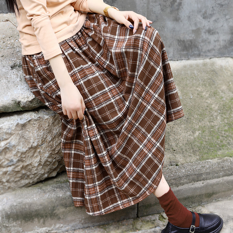 Retro Autumn Cotton Plaid Skirt