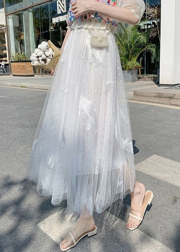 White Feathers Embroidered Elastic Waist Tulle Skirt Summer
