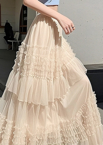 Apricot Ruffled Elastic Waist Tulle Maxi Skirts Summer