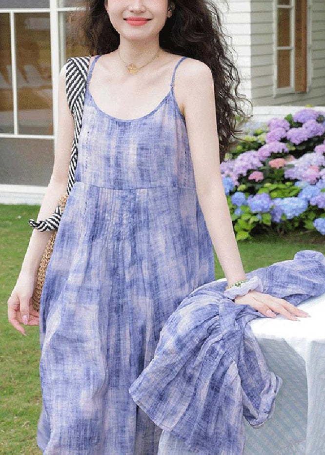 Purple Tie Dye Cardigans and Spaghetti Strap Dress Two Pieces Set Spring