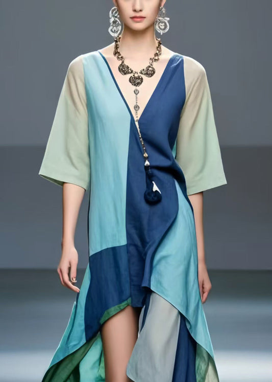 Fine Polychrome Asymmetrical Low High Design Cotton Dresses Summer