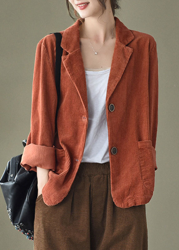 Loose Orange Yellow Button Pockets Peter Pan Collar Corduroy Coat Long Sleeve