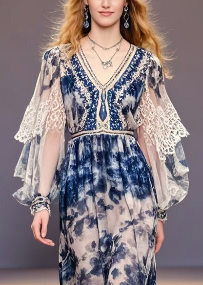 Navy Print Chiffon Party Dress Lantern Sleeve