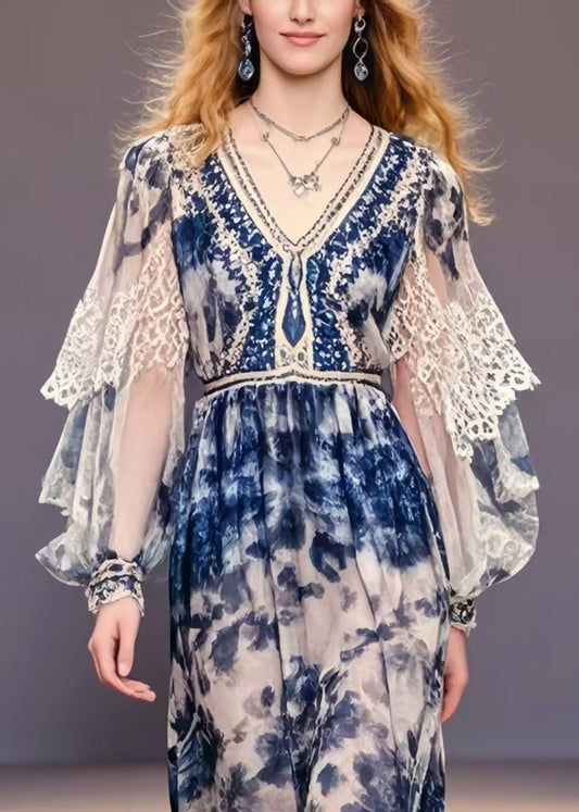 Navy Print Chiffon Party Dress Lantern Sleeve