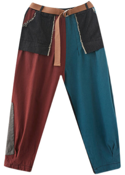 Colorblock Pockets Patchwork Cotton Denim Harm Pants Summer