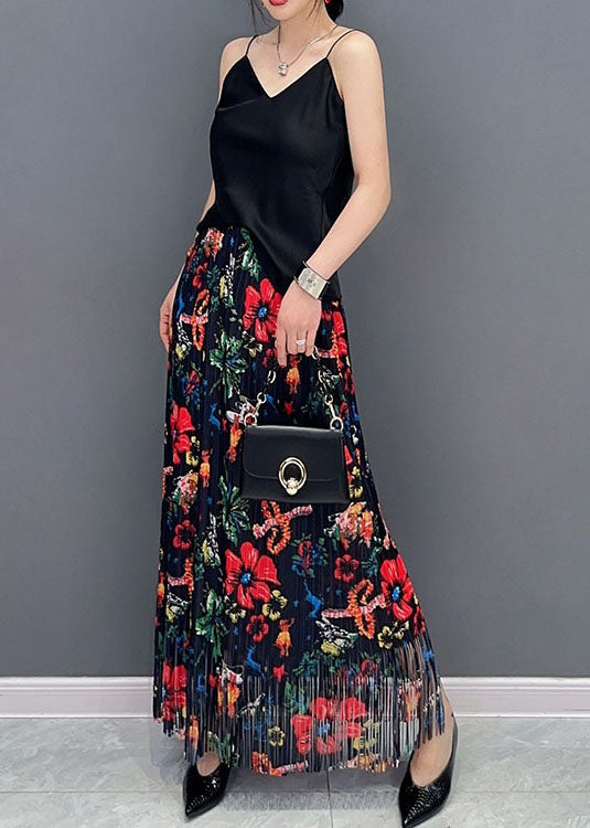 Black Wrinkled Tasseled Print Cotton Skirts Spring