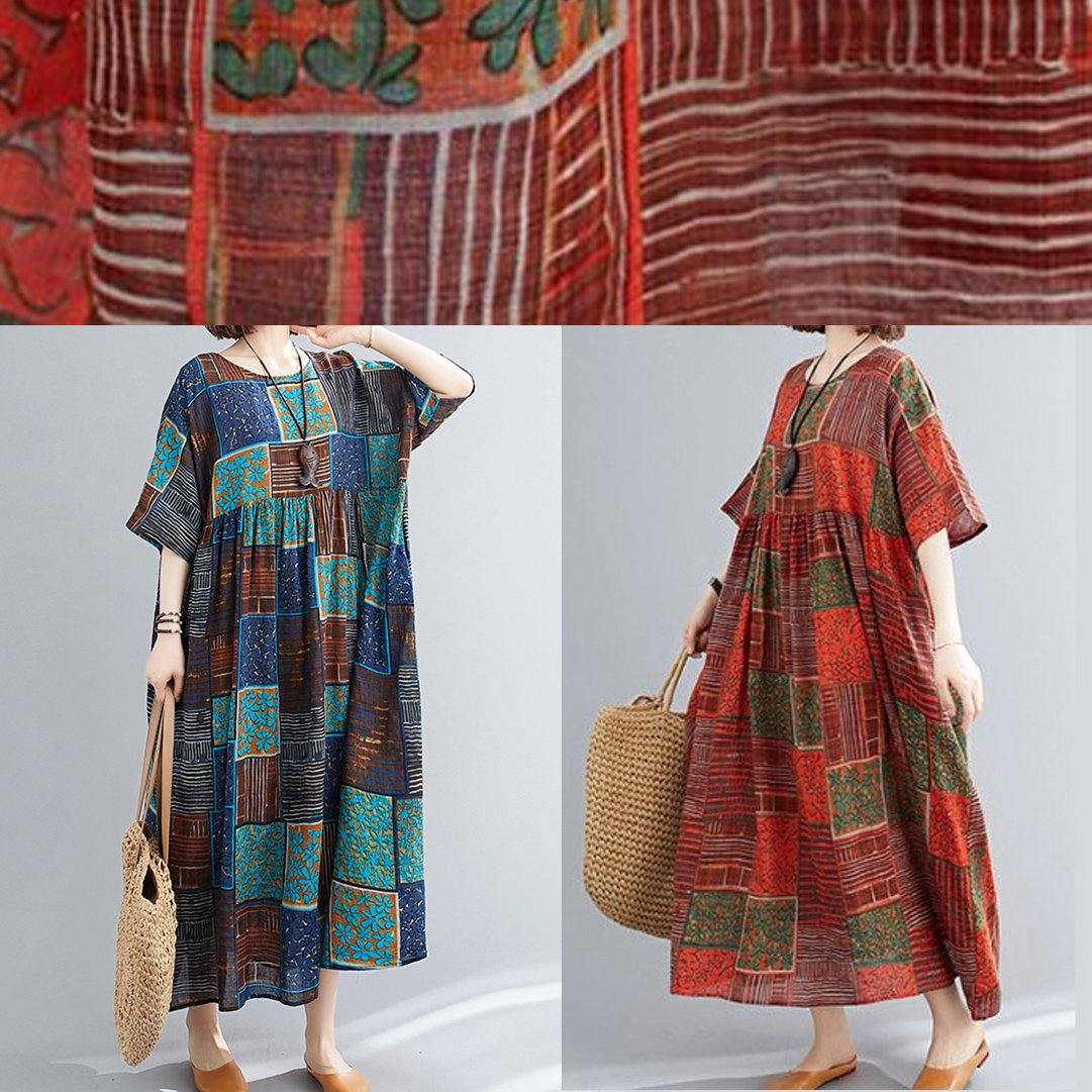 Diy Orange Red Print Cotton Linen Clothes O Neck Extra Large Hem Cotton Robes Dresses