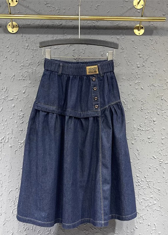 Loose Denim Blue Patchwork Button Elastic Waist a Line Skirt
