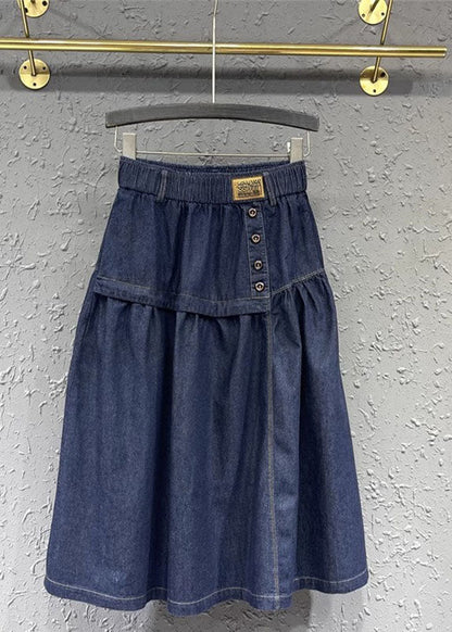 Loose Denim Blue Patchwork Button Elastic Waist a Line Skirt