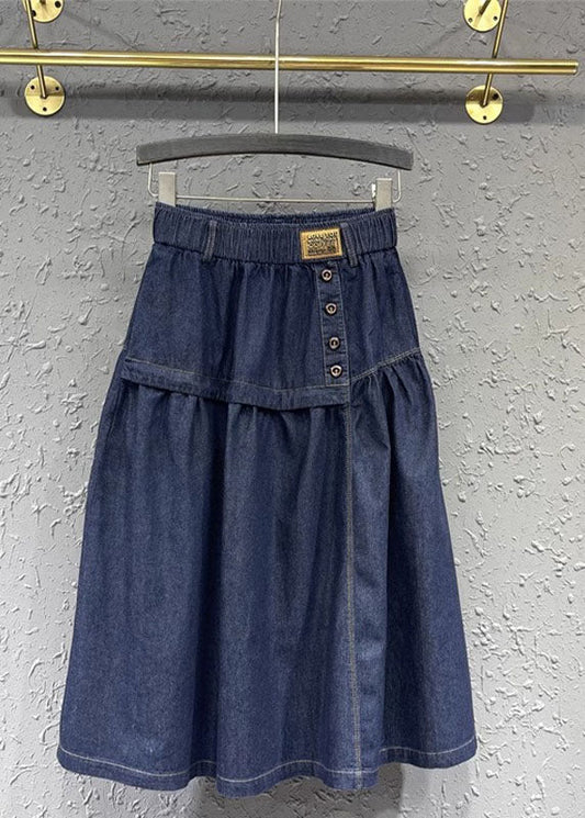 Loose Denim Blue Patchwork Button Elastic Waist a Line Skirt