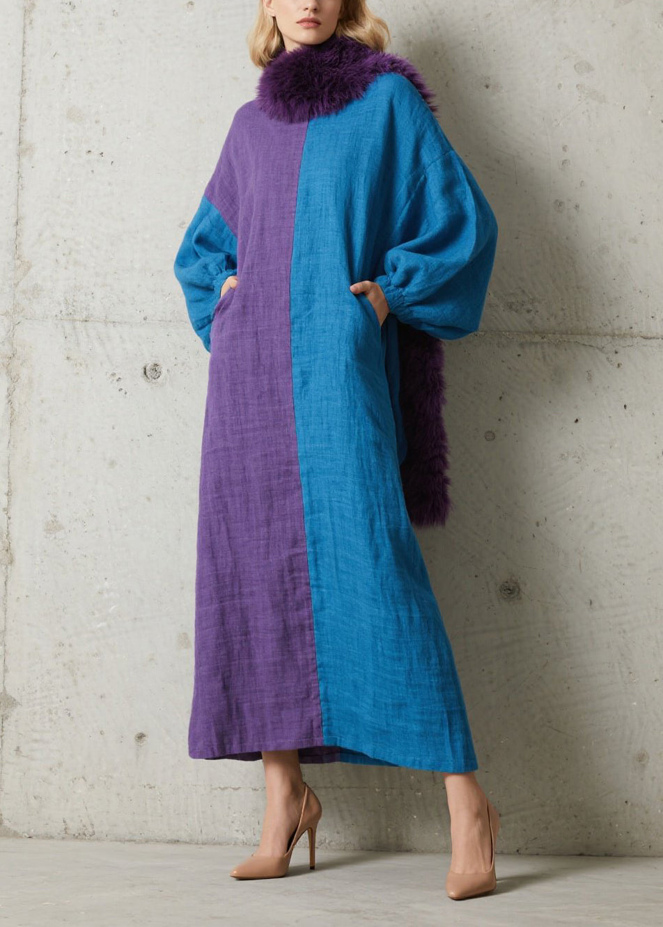 Colorblock Asymmetrical Patchwork Cotton Maxi Dresses Puff Sleeve