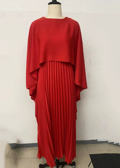 Red Wrinkled Long Dress Batwing Sleeve