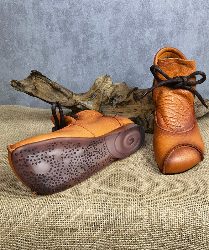 Brown Cowhide Leather Ankle Boots Lace Up Soft Splicing