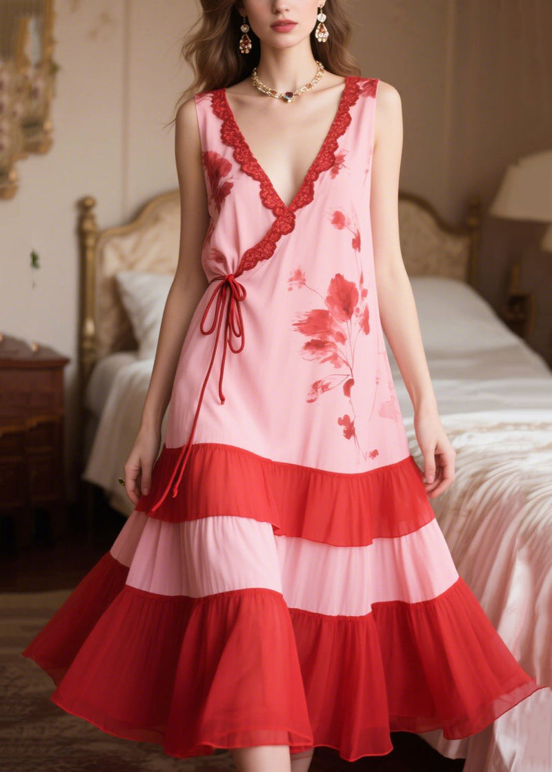 Pink Patchwork Tie Waist Chiffon Maxi Dresses Sleeveless