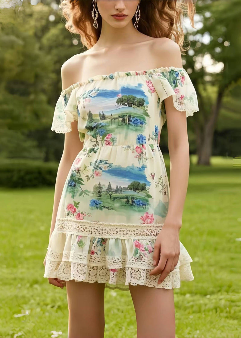 Print Patchwork Lace Mini Strapless Dress Summer