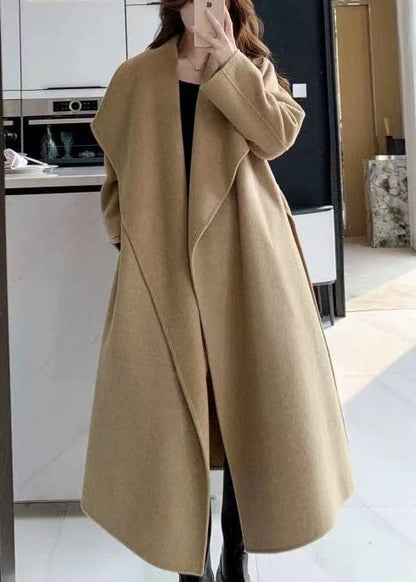 Light Camel Peter Pan Collar Tie Waist Woolen Coat Winter