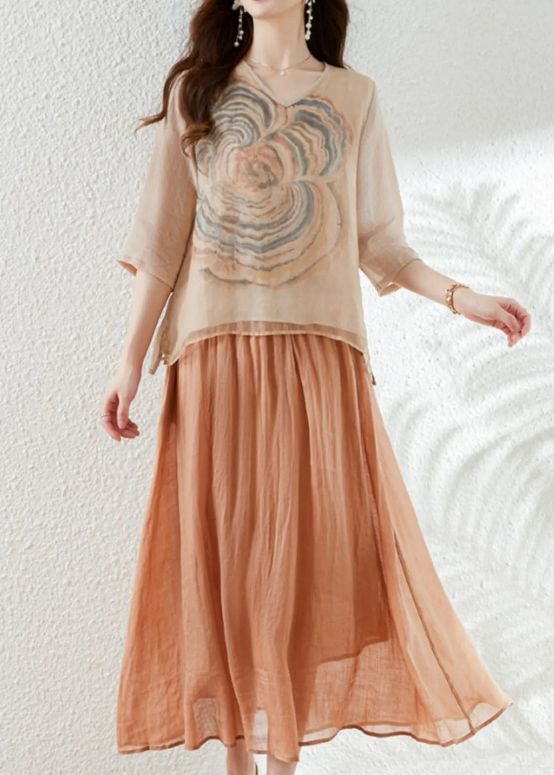 French Apricot V Neck Print Patchwork Tops and Skirts Cotton Two Pieces Set Summer