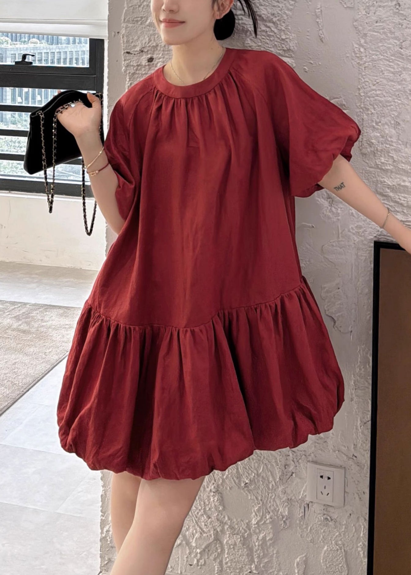 Wine Red Back Button Linen Dresses O Neck Puff Sleeve