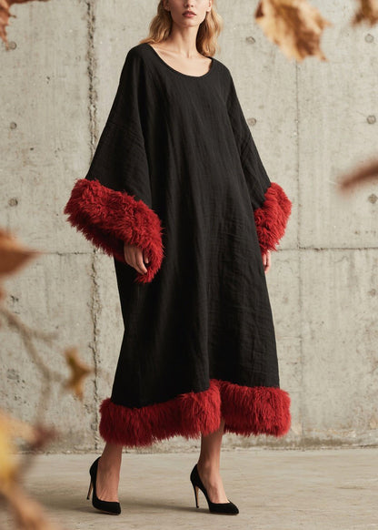 Black Oversized Patchwork Faux Fur Ankle Dress Fall
