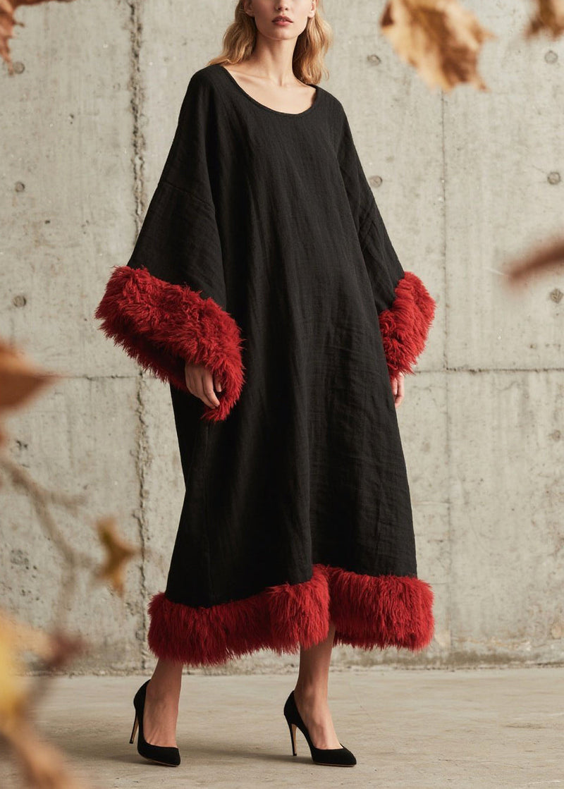 Black Oversized Patchwork Faux Fur Ankle Dress Fall