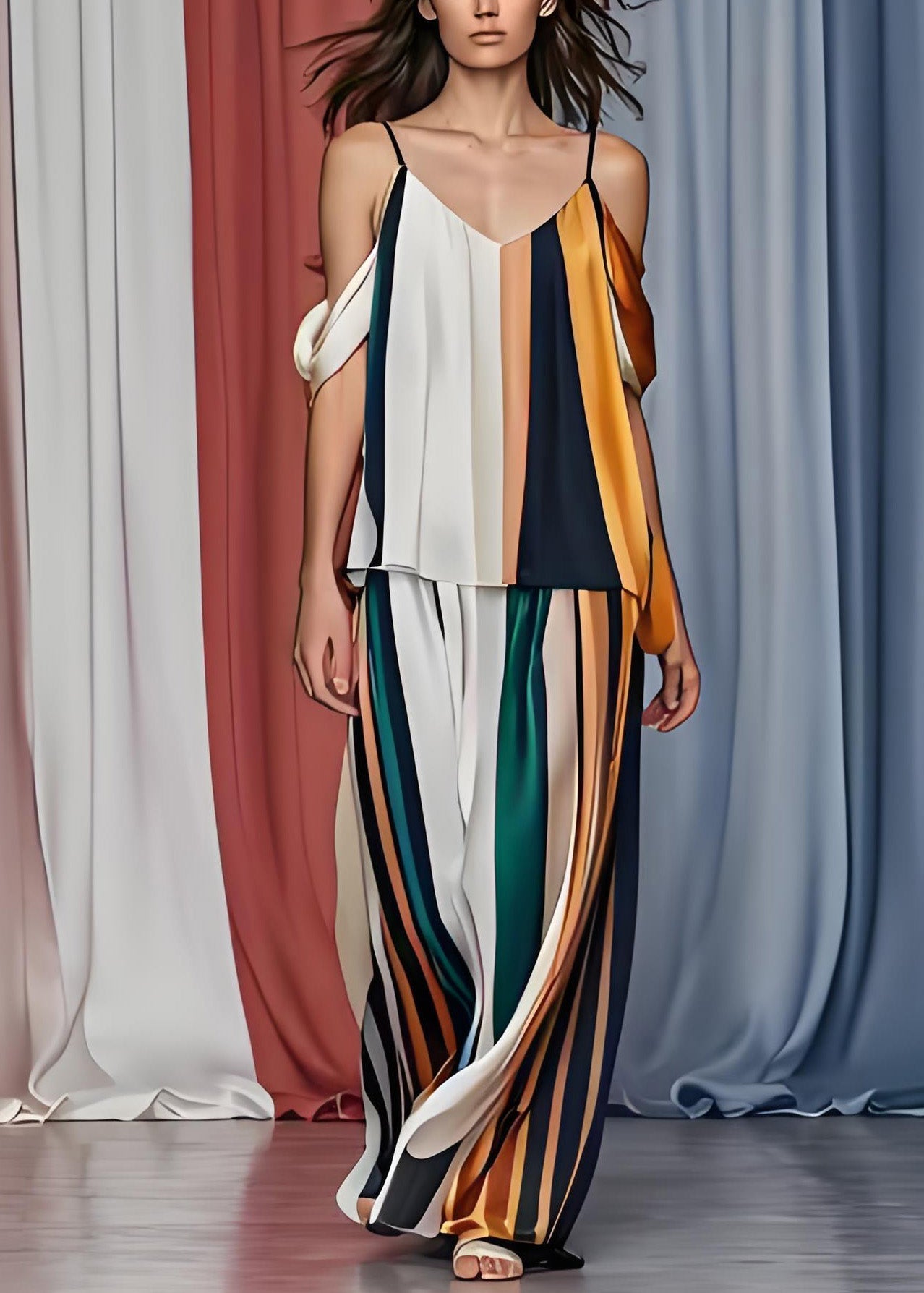 French Cold Shoulder Striped Silk Tops and Pants Set Sleeveless