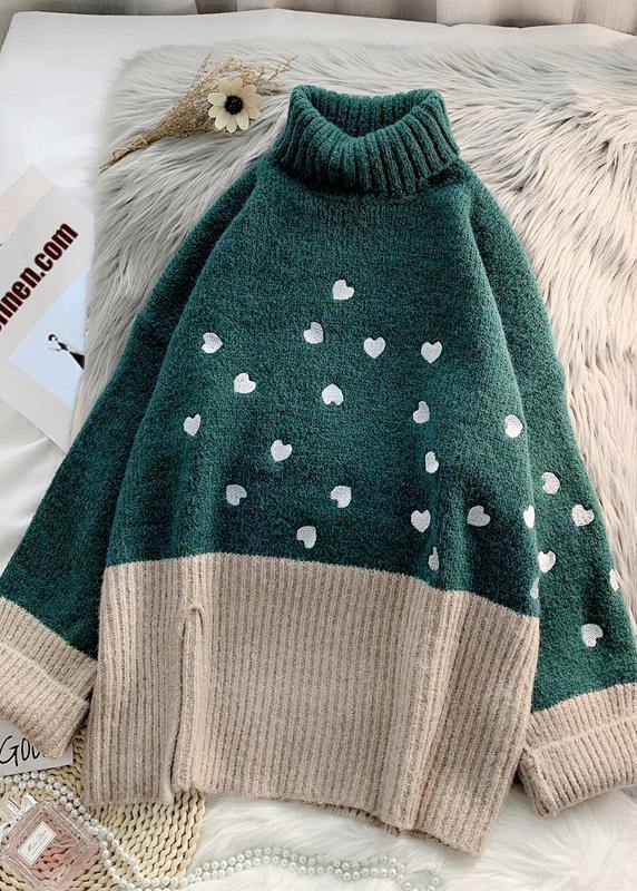 Cozy Green Heart Print Knitted T Shirt High Neck Patchwork Oversize Knitwear