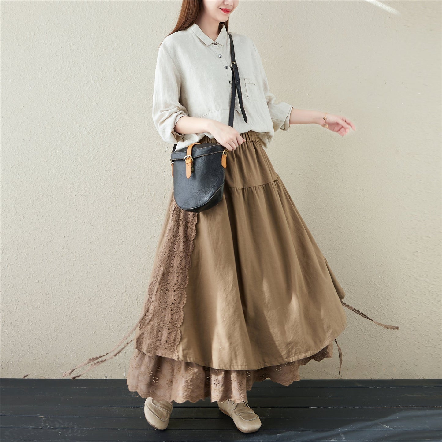 Retro Linen Hollow Embroidery Skirt