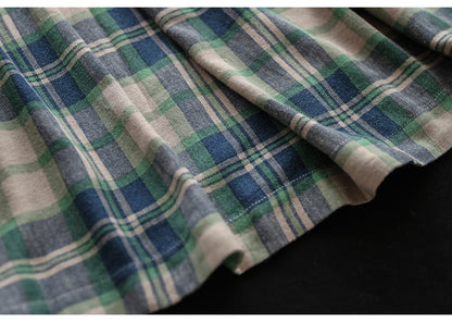 Cotton and Linen Check Elastic High Waist A-line Skirt
