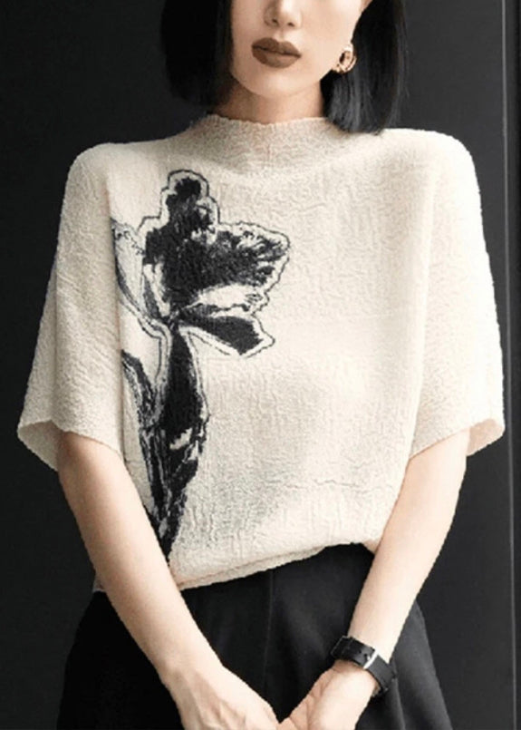 Beige Print Wrinkled Cotton T Shirts Batwing Sleeve