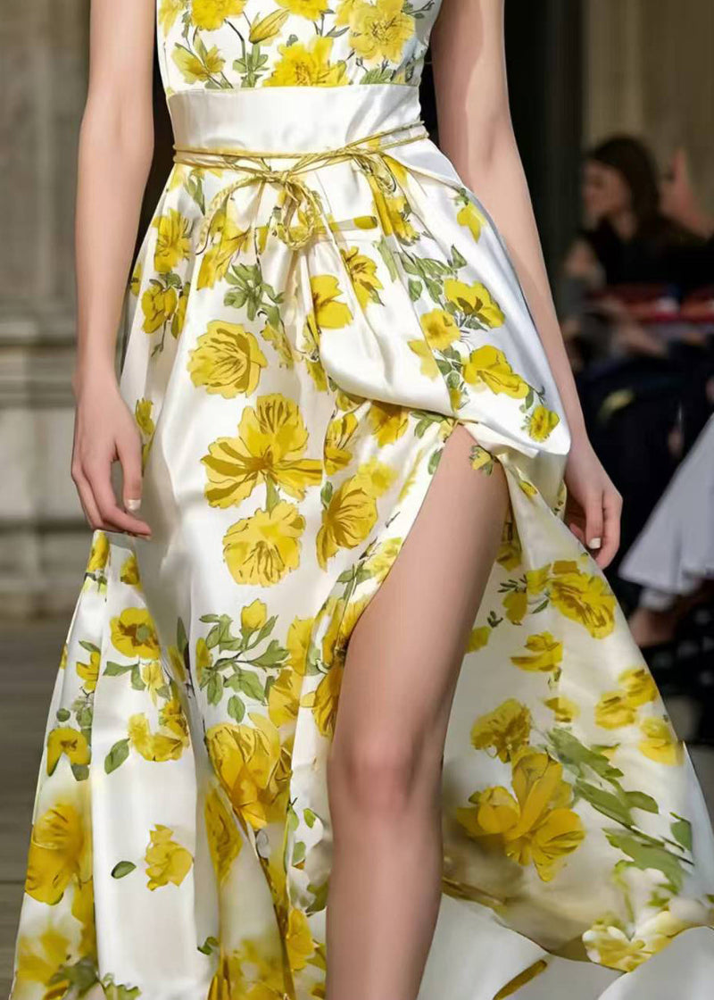 Silm Fit Yellow Print Side Open Silk Sundress Summer