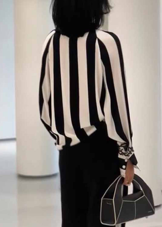 Striped Asymmetrical Button Patchwork Cotton Blouses Fall