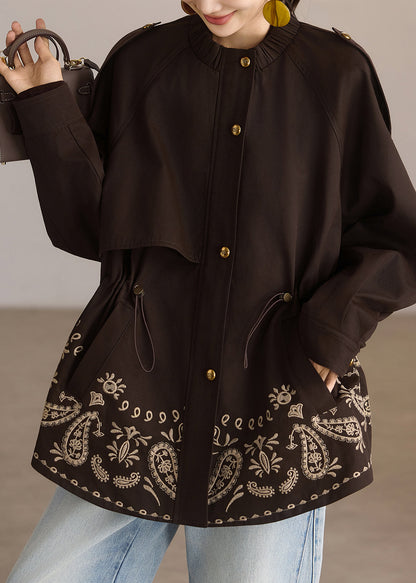 Coffee Print Drawstring Pockets Coat Spring