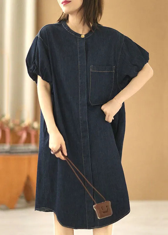 Denim Blue O-neck Pocket Color Cotton Holiday Dress Puff Sleeve