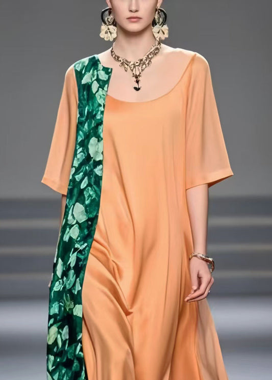 Brick Red Asymmetrical Patchwork Chiffon Dress Summer