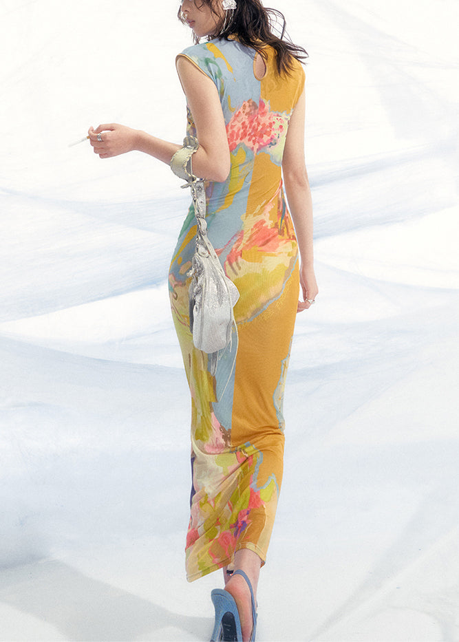 New Blue Print Wear on Both Sides Tulle Long Dress Sleeveless