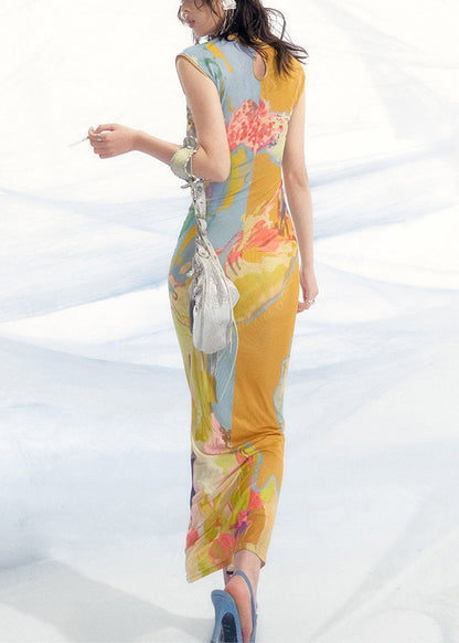 New Blue Print Wear on Both Sides Tulle Long Dress Sleeveless