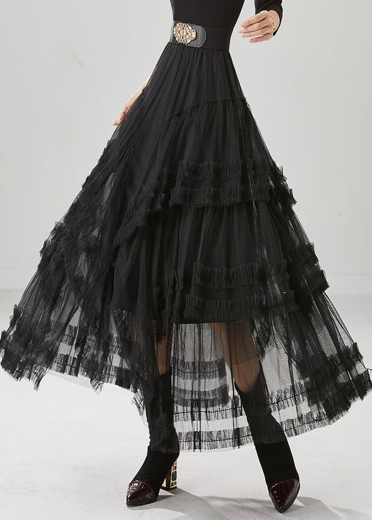French Black Elastic Waist Ruffled Tulle a Line Skirt Fall