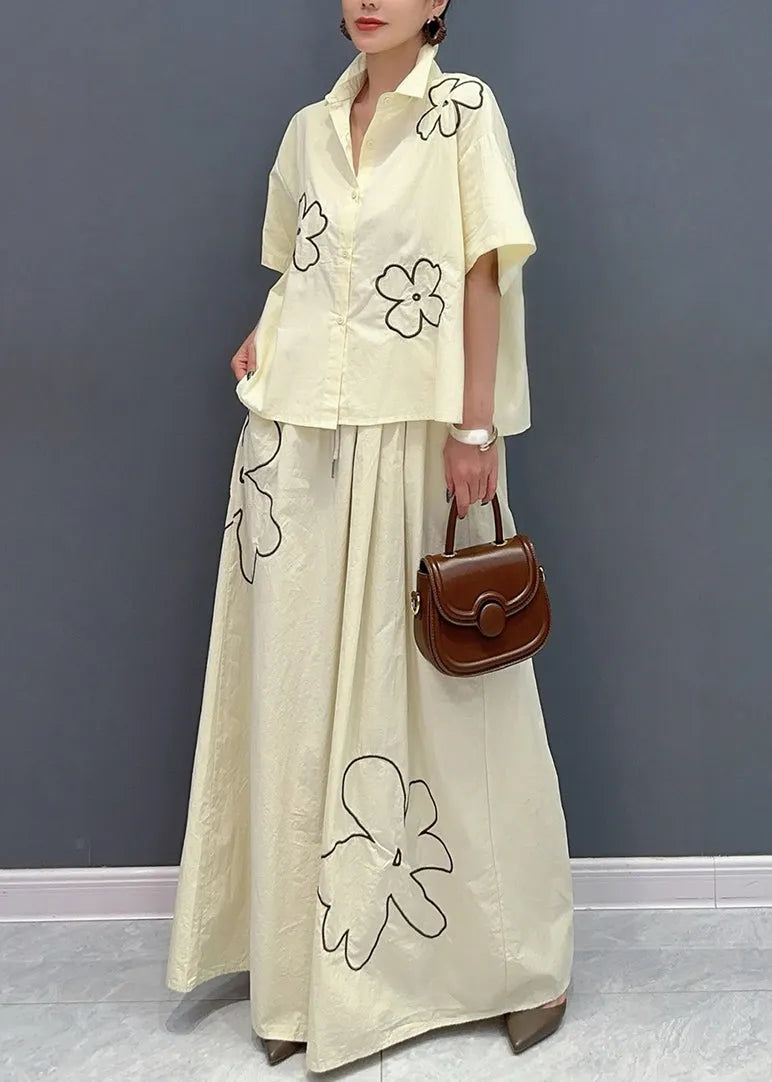 Apricot Peter Pan Collar Button Shirts and Maxi Skirts Two Piece Set Summer