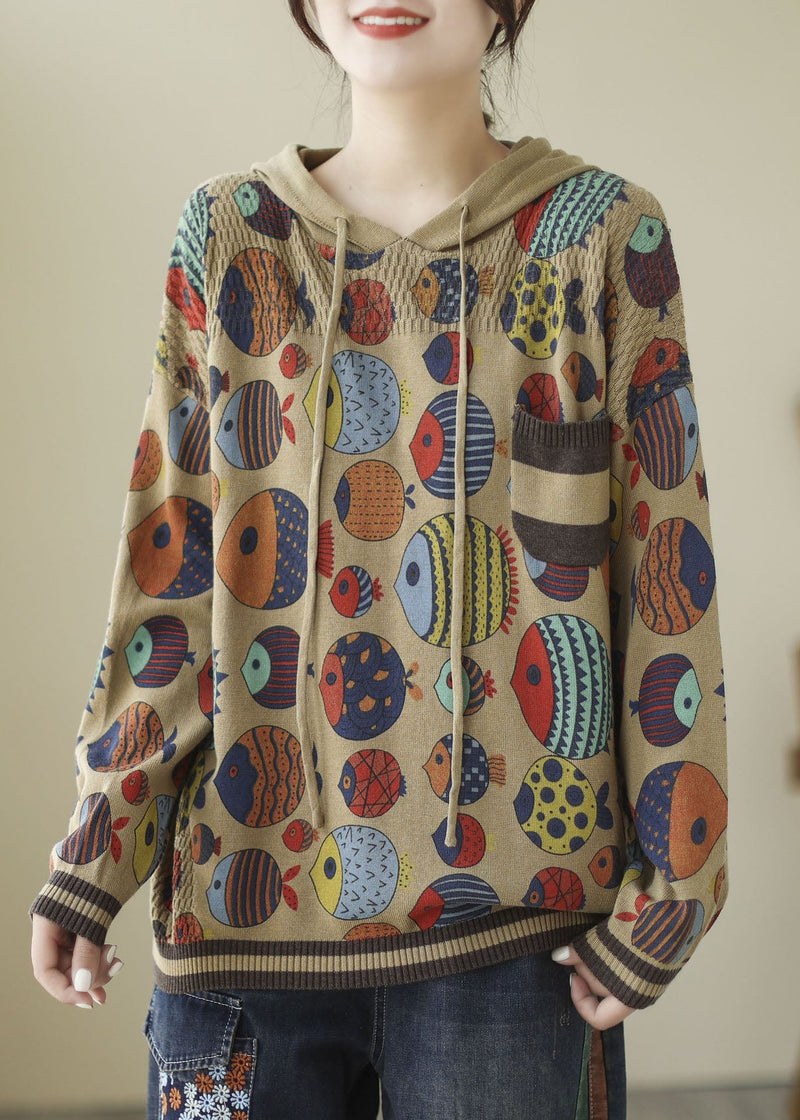 Art Khaki Hooded Print Knit Sweatshirt Winter