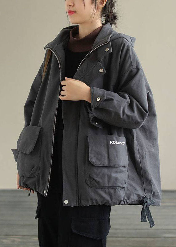 Grey Zippered Loose Drawstring Fall Long Sleeve Coat