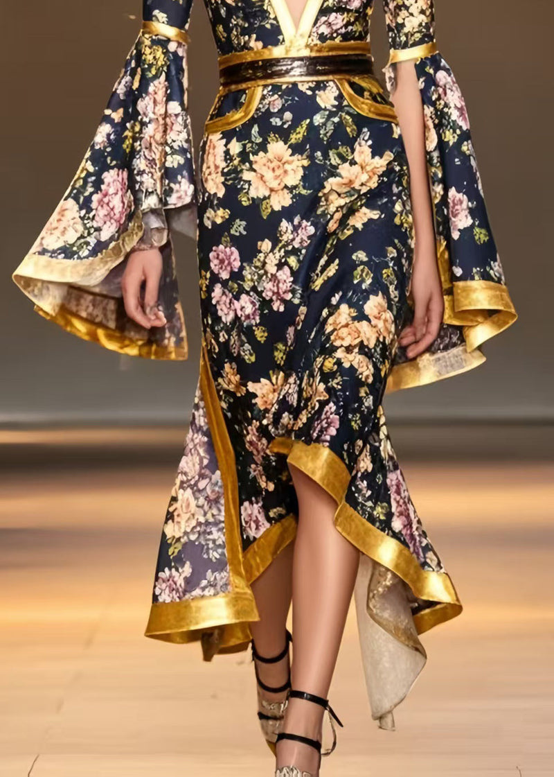 French Black Asymmetrical Print Wraped Vestidos Dresses Flare Sleeve