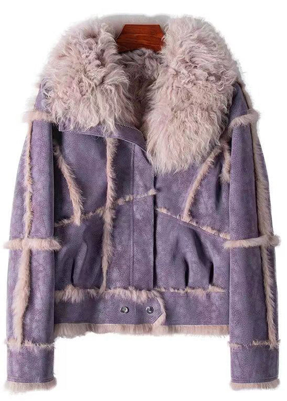 Dark Grey Zippered Patchwork Leather and Fur Coat Winter