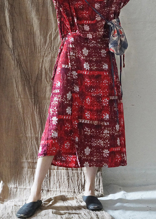 Slim Fit Red Tie Waist Print Asymmetrical Design Cotton Skirt Spring