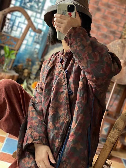 Stand Collar Print Pure Linen Loose Padded Coat