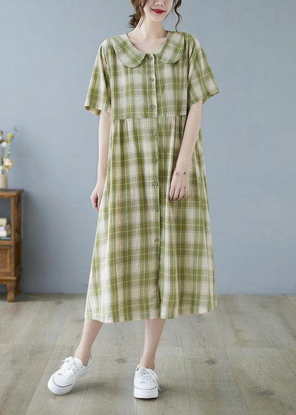Green Plaid Peter Pan Collar Button Summer Party Dress Half Sleeve