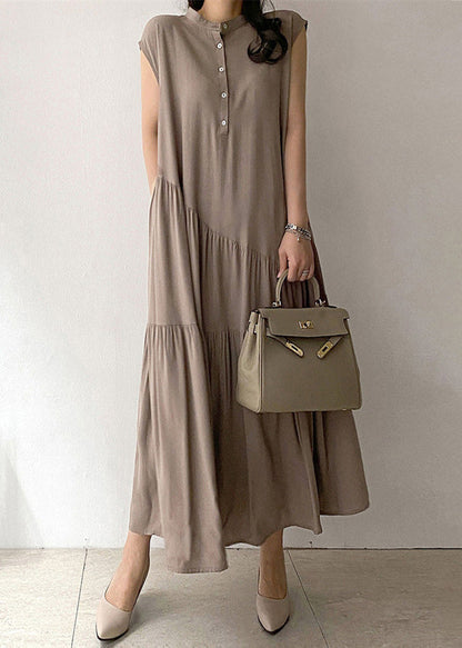 Khaki Wrinkled Button Pockets Cotton Long Dress Summer