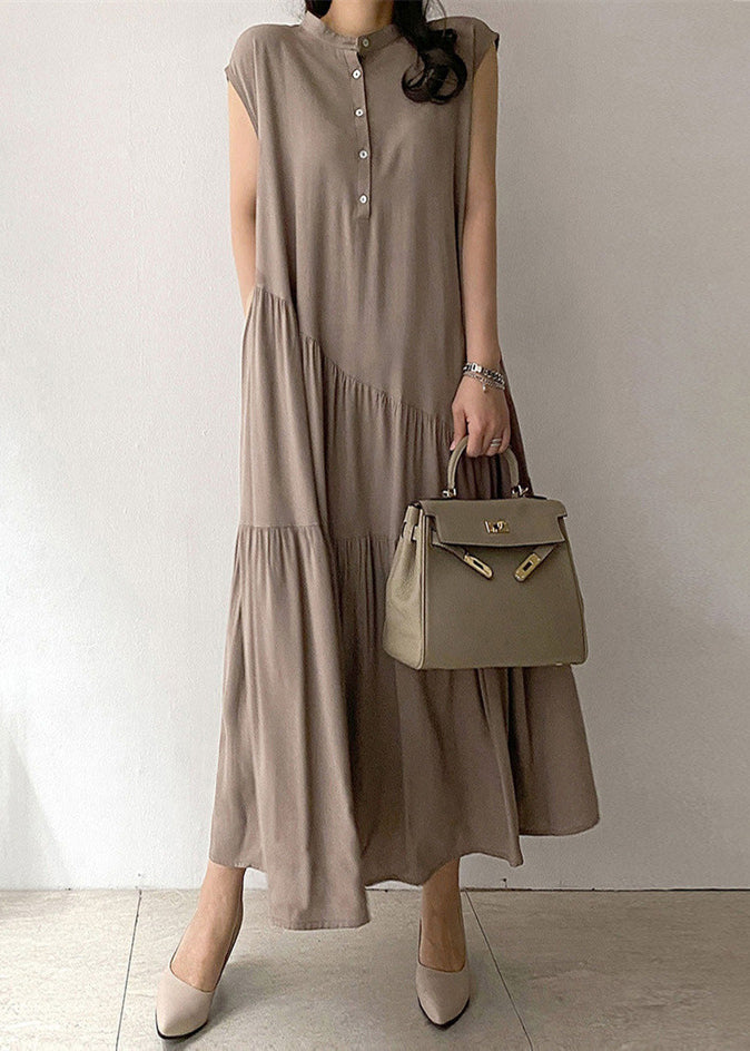 Khaki Wrinkled Button Pockets Cotton Long Dress Summer