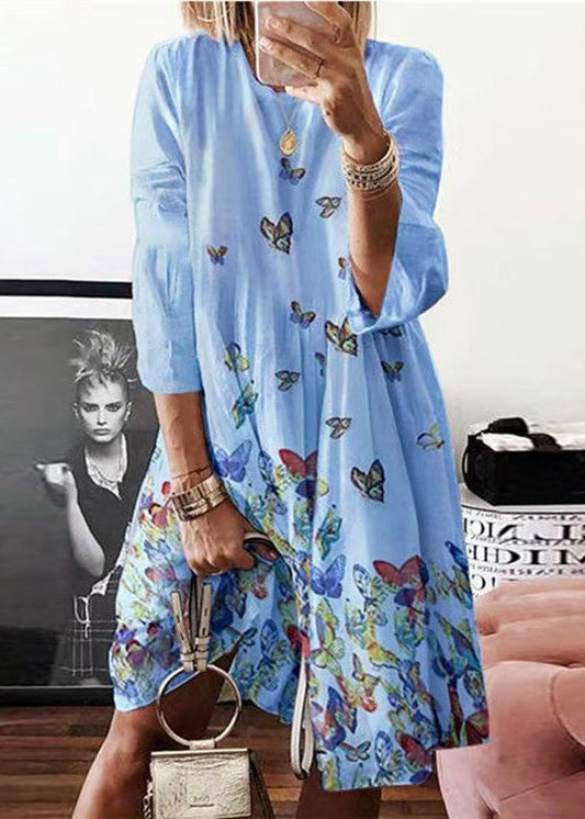 Blue O Neck Butterfly Print Cotton Mid Dress Summer