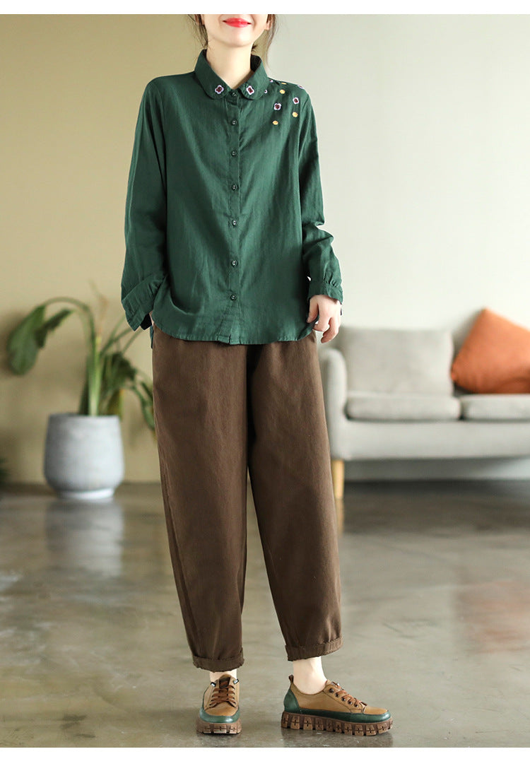 Art Double Layer Cotton Long Sleeve Embroidery Shirt